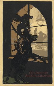 Grimm Kardeşler tarafından yazılan Bremen Mızıkacıları kitabının başlık tasarımı, 1910