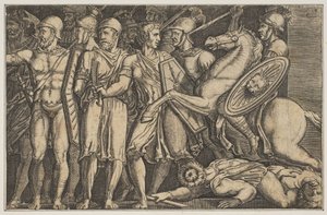Trajan Daçyalılarla Savaşan Trajan, at sırtında sağdan bir gruba doğru sürüyor ..., yakl. 1515-1600. by Unbekannt