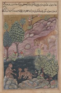 Bir Papağanın Tuti-Nama Masalları: Masal XXIX, Aslan Bölgesine Dönüyor ve Bakın, c. 1560. by Unbekannt
