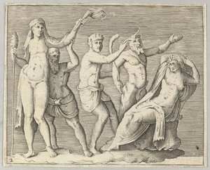 İki Figür, bir Faun ve bir Satyr, Yatan Bir Kadına yaklaşır, yaklaşık olarak yayınlanmıştır. 1599-1622. by Unbekannt