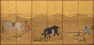 Pirinç tarlasını süren ve tırmıklayan iki çiftçi, Edo dönemi, 1615-1868. by Unbekannt