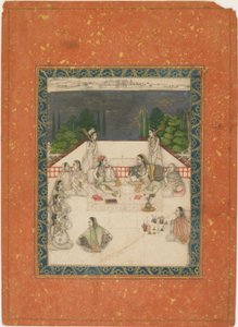 Bir terasta oturan, görevliler ve müzisyenlerle çevrili iki kadın, yaklaşık. 1650. by Unbekannt