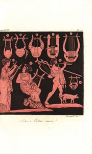 Yunan lirleri 1-5, 9, kithara veya kanun 6,7 oynayan kadın ve antik Yunan vazolarından aulos veya tibia oynayan erkek by Unbekannt
