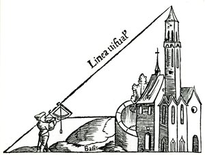 Bir kulenin yüksekliğini üçgenleme yoluyla hesaplamak için çeküllü bir kadran kullanma, 1551 by Unbekannt