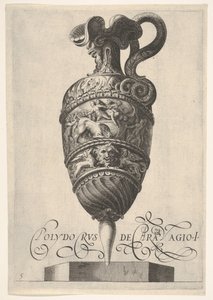 1550-1600 yıllarında bir boğa ve erkeklerin yaşadığı grotesk maskeler, griffinler ve bir friz bulunan gemi. by Unbekannt