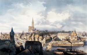 Saint Guillaume kulesinden Strasbourg (Fransa) manzarası. Renklerde litografi. by Unbekannt