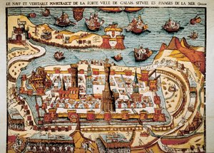 1538 yılında Calais şehrinin görünümü. Xylography. by Unbekannt