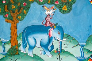 Dört arkadaşın efsanesini anlatan duvar; fil; maymun; tavşan ve horoz; Kharbadi Gompa; Phuentsholing; Butan Krallığı by Unbekannt