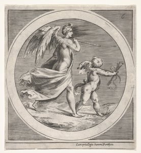 Kanatlı bir kadın figürü, dökümlü ve asa taşıyan, kanatlı bir putto arkasında yürüyen..., yakl. 1550-1600. by Unbekannt