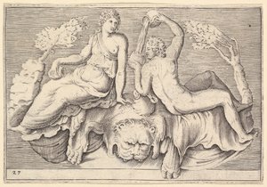 Lionskin Üzerinde Oturan Kadın ve Adam, Şarap Döken Adam, yaklaşık olarak yayınlandı. 1599-1622. by Unbekannt