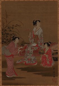 Bir bahçede oturan iki kız hizmetçili genç kadın, Edo dönemi, 1615-1868. by Unbekannt