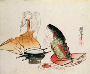İğneye iplik geçiren genç bir kadın Chinnen (1792-1851), pub. c.1830, (chuban boyutunda, renkli tahta baskı) by Unbekannt Unbekannt