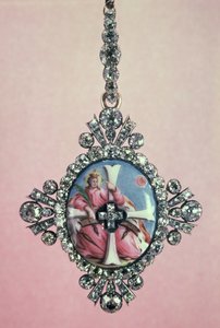 St. Catherine Nişanı, parlak kesim pırlanta ve mine minyatürlü gümüş set, 1770-80 by Unbekannt Unbekannt