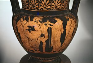 Savaştan dönen savaşçıyı betimleyen kırmızı figürlü krater by Unbekannt Unbekannt