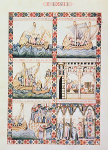 102-0625868/1 Akka'ya Yolculuk, Cantiga 172'ye çizimler, Bakire'nin mucizelerini anlatan 420 müzik bestesinden biri, Galiçyaca Alfonso X 'Bilge' (1221-84) için yazılmış (parşömen) by Unbekannter Künstler