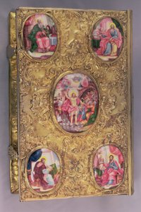 Emaye madalyonlarla özenle işlenmiş gümüş gömme Sunak İncili, merkezi Dirilişi tasvir eden, dört Evanjelisti tasvir eden dört köşe madalyonlu, Pyotr Afinogenov, Moskova by Unbekannt