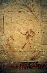 Eski Mısır: Saqqarah (veya Saqqara veya Sakkarah): Eski İmparatorluğun nekropolü, soyluların mezarı. Bir balık tutma sahnesini betimleyen kabartmaların detayı.