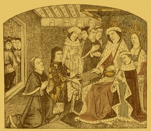 Anthony Woodville Caxton'un ilk basılı taslağını sunuyor by Unbekannter Künstler