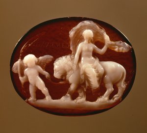 Cupid liderliğindeki bir aslanın üzerinde oturan Venüs'ün Cameo'su by Unbekannt