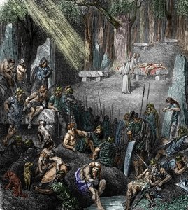 Kelt antik: “” Bir ormanda ailelerin ve savaşçıların huzurunda bir druidin başkanlık ettiği bir tören sırasında insan kurban edilmesi” (Galya dini, bir ormanda ailelerin ve savaşçıların huzurunda bir druidin başkanlığında bir tören sırasında insan kurban e