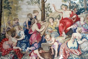 Chateau de Fontainebleau: Kralın kardeşi Mösyö Philippe Duc d'Orleans (1640-1701) için Chateau de Saint Cloud'da Pierre Mignard'ın harika tablolarından sonra 1687'den itibaren XIV.Louis için Gobelins fabrikasında dokunan detay, perdelik kum by Unbekannter Künstler