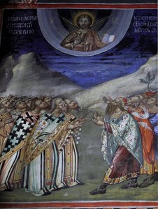 İsa Mesih geçici ve ruhsal güçleri kontrol ediyor Agios Ioannis Lampadistis manastırından Bizans freski, Saint-John Lampadistis 11. yüzyıl Kıbrıs Boyalı kiliseler UNESCO sitesi Trodos, Kıbrıs by William M. Timlin