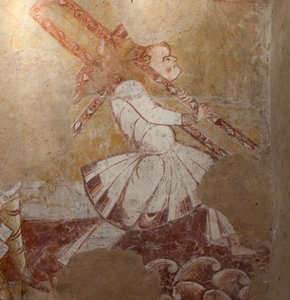 Kilise (Église Saint-Martin). İç mekan. Duvar resimleri (fresk). Koronun kuzey duvarı. Detay. Kireneli Simon haçı taşıyor. 12. yüzyıl. by Unbekannt