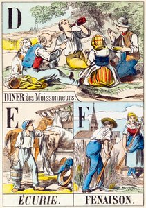 D EF: Diner des Moissonneurs, Ecurie, Fenaison - "Çiftliğin alfabesi" 19. yüzyıl sonu (gravür) by Unbekannt