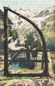 D: Bir dağ dağ evinin önündeki masada oturan bir kadın ve erkek bardakları, ellerinde bir kadeh şarap - Alfabe karakterleri Ref Th. E., L. Theochrom - Serie 994. Theodor Eisman, yayıncı, Leipzig by Unbekannt