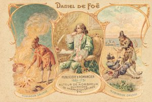 Daniel Defoe yazı masasında ve ünlü eseri (baskı) by Unbekannter Künstler