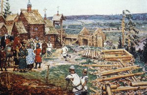 12. Yüzyılda Yuri Dolgoruky Hükümdarlığı Altında Moskova Kremlin'in Kütüklerden Yapılmasının Tasviri. by Unbekannter Künstler