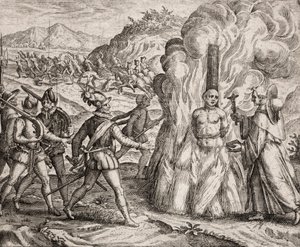 İspanyol sömürgeciler tarafından Kızılderililere uygulanan suçların açıklaması - Katolik inancına dönmeyi reddeden bir Kızılderiliyi kazıkta yakan Conquistadors. Fransisken Tarikatı