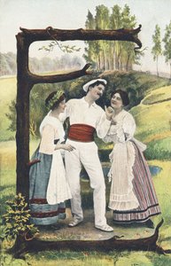 E: Etek, bluz ve önlük giymiş iki kadının arasında beyaz ve kırmızı giyinmiş bir adam duruyor. Ülke dekoru - Alfabe karakterleri Ref Th. E., L. Theochrom - Serie 994. Theodor Eisman, yayıncı, Leipzig by Unbekannt