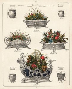 Çiçek standları, çiçek tabakları, vazolar ve jardiniereler. Wuerttemberg Metal Eşya Fabrikası, Geislingen, Almanya tarafından üretilen metal ürünler kataloğundan bir litografi by Unbekannter Künstler