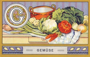 G: Gemuse - Alfabe Palmin. H. Schlinck & Cie, Hamburg, s. d. . Palmin feinstes Cocosfett için reklam. Boyutlar: 7 x 11 cm by William M. Timlin