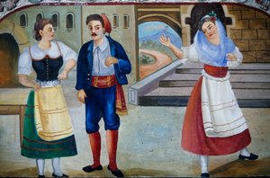 Kostümlü karakterler, ahşap panel boyama, Sicilya el sanatları, Sicilya, İtalya, Detay ile cesur sahne