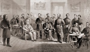General Ulysses S. Grant (ortada oturan sağda) ve General Robert E. Lee (ortada oturan solda) kendi personeli ile Virginia