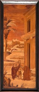 Cenova, Duomo (Aziz Lawrence Katedrali), iç kısım, apsis, koro, Kuzey tarafı: "Vaftizci Yahya ailesinden veda ediyor", Vincenzo e Tommaso Garassino tarafından ahşap kakma (XIX yüzyıl) by Unbekannter Künstler