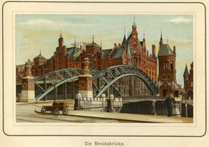 Almanya, Hamburg, "Brooksbruecke" (Brooks köprüsü) ve arka planda "Speicherstadt" olarak adlandırılan limanın depoları, c.1890 (litografi) by Unbekannter Künstler
