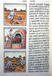 İspanyolca tarafından altın işleme, Nahuati dilinde metin, Bernardino de Sahagun tarafından Florentine Codex olarak da bilinen Yeni İspanya Şeylerinin Genel Tarihinin tıpkıbasımının tıpkıbasımından by Benjamin Baud