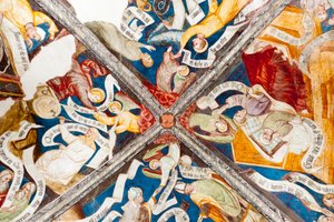 Gotik fresk; erdemin övülmesi; kötülüğün kınanması; yazı ile; 10. manastır; Katedral; Briksen; Güney Tirol; İtalya; Avrupa by Unbekannt