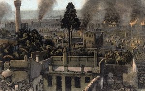 Yunanistan, Selanik (veya Selanik): muhtemelen 1917 yangını sırasında kısmen yanmış yukarı şehrin görünümü - Kartpostal 1914-1918 by Unbekannter Künstler