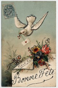 Tebrik kartı: bir kuş mühürlü bir mektup getiriyor - 1906 tarihli kartpostal by Unbekannt