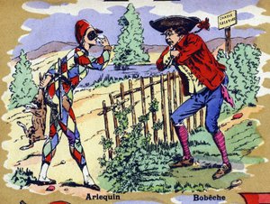 Harlequin ve Bobeche. Resimli alfabe. Görüntüler 20. yüzyılın başında Jarville-Nancy