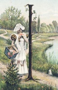 I: Ayakta duran elbiseli, önlüklü ve başlıklı bir kadın sağ kolunda sepet tutmaktadır. Ülke dekoru - Alfabe karakterleri Ref Th. E., L. Theochrom - Serie 994. Theodor Eisman, yayıncı, Leipzig by Unbekannt