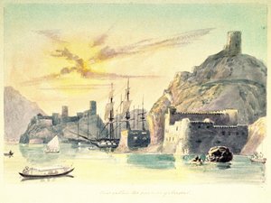 Maskat (Umman) limanının iç görünümü, müstahkem binaların ve demirli gemilerin tasviri. Yarbay Paint Charles Hamilton Smith (1776-1859) by Unbekannter Künstler