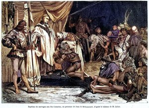 Jean de Bethencourt, Norman beyefendisi, Baron de Saint Martin le Gaillard, Ocak 1405'te Kanarya Adaları'nı fethetti ve Hıristiyanlaştırdı, “Sur terre et sur mer” dergisinden” n°28, 8 Ocak by Unbekannter Künstler