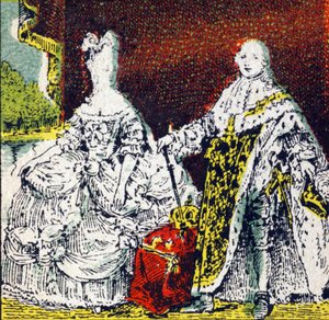 Fransa Kralı Louis XVI ve Kraliçe Marie Antoinette. "Histoire de France"da gravür. Louit adına yayınlanan reklam resimleri serisi, 24 rue d