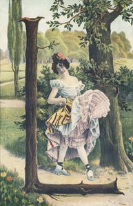 L: Saçında çiçekler olan bir kadın, bir dans adımı çizmek için iç eteklerini kaldırıyor. Ülke dekoru - Alfabe karakterleri Ref Th. E., L. Theochrom - Serie 994. Theodor Eisman, yayıncı, Leipzig by Unbekannt