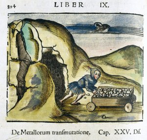16. yüzyıl madeni: bir adam bir madenin girişinde cevherle dolu bir arabayı iter by Unbekannt